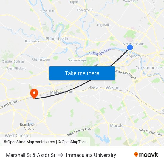 Marshall St & Astor St to Immaculata University map