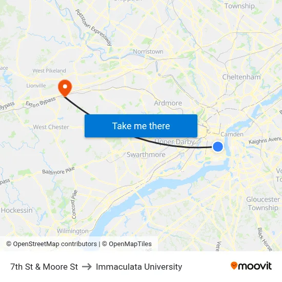 7th St & Moore St to Immaculata University map