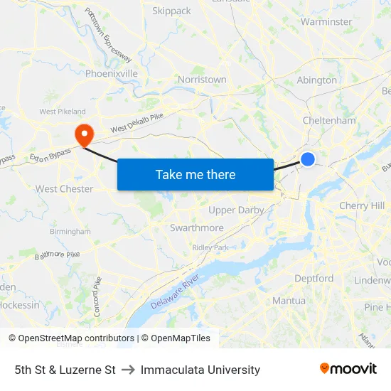 5th St & Luzerne St to Immaculata University map