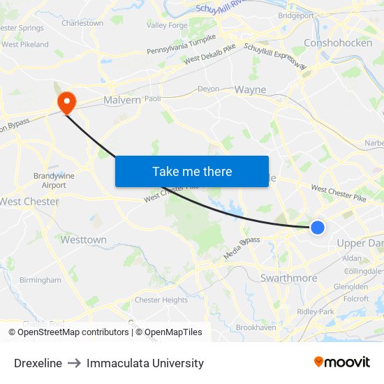 Drexeline to Immaculata University map