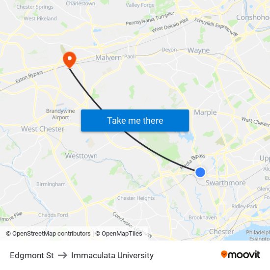 Edgmont St to Immaculata University map