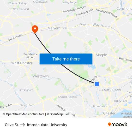 Olive St to Immaculata University map