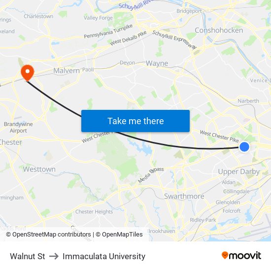 Walnut St to Immaculata University map