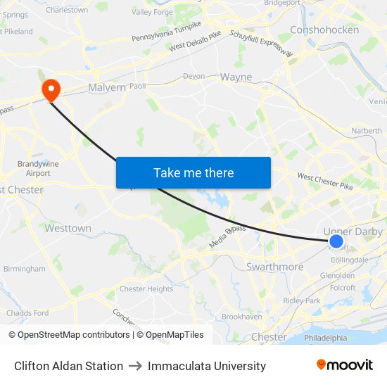 Clifton Aldan Station to Immaculata University map