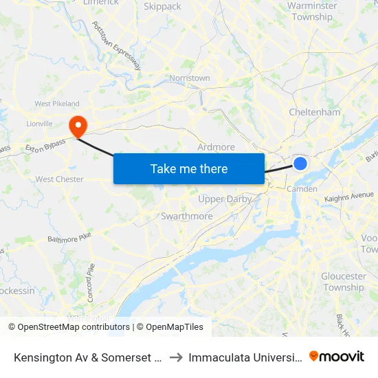Kensington Av & Somerset St to Immaculata University map