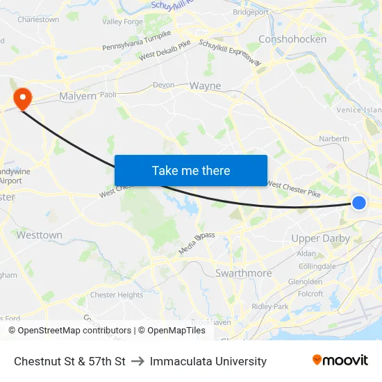 Chestnut St & 57th St to Immaculata University map