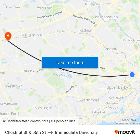 Chestnut St & 56th St to Immaculata University map