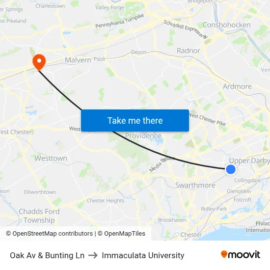 Oak Av & Bunting Ln to Immaculata University map