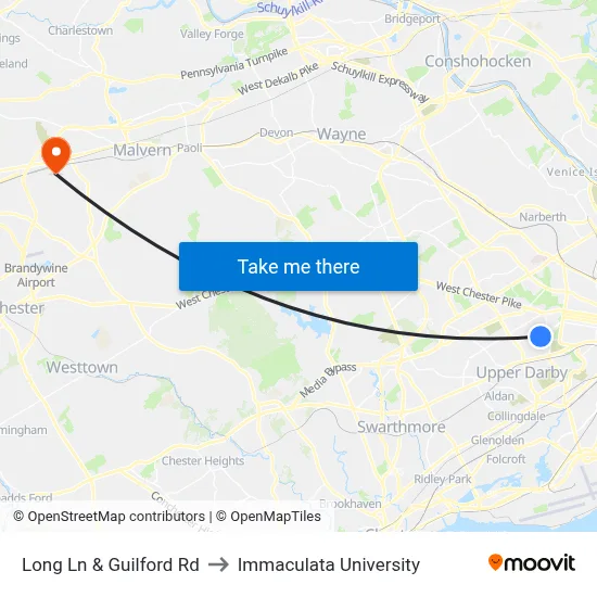 Long Ln & Guilford Rd to Immaculata University map