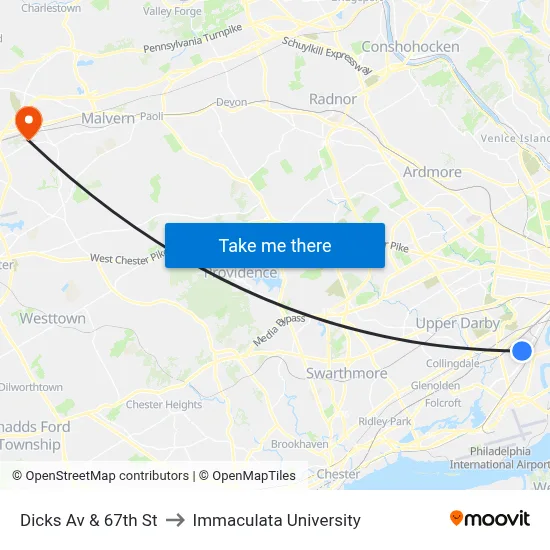 Dicks Av & 67th St to Immaculata University map