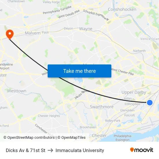 Dicks Av & 71st St to Immaculata University map