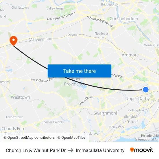 Church Ln & Walnut Park Dr to Immaculata University map