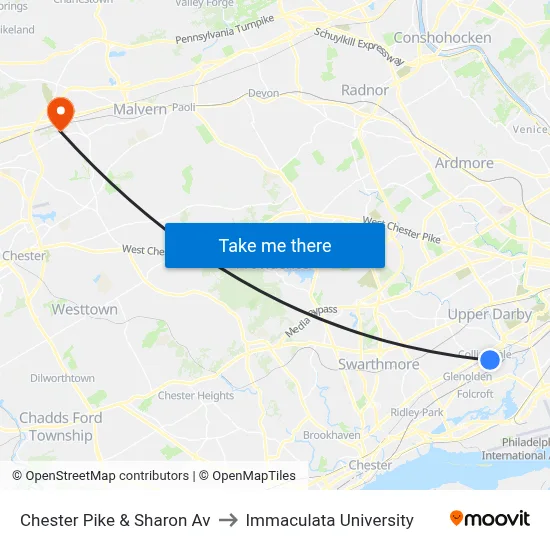Chester Pike & Sharon Av to Immaculata University map