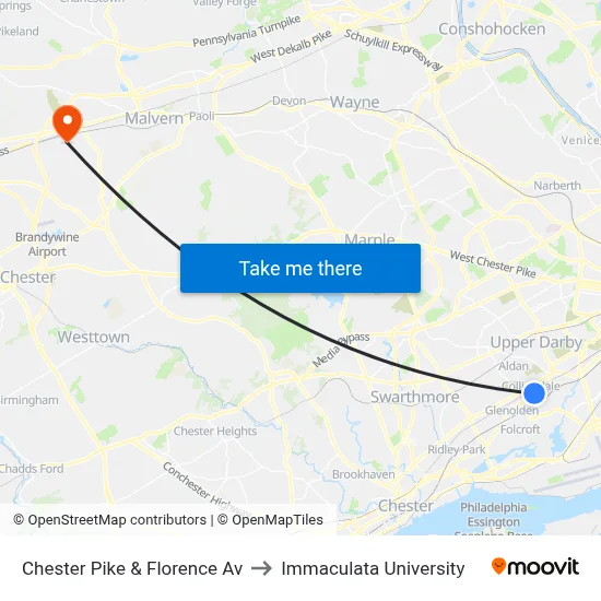 Chester Pike & Florence Av to Immaculata University map