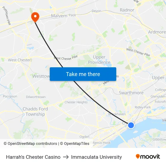 Harrah's Chester Casino to Immaculata University map