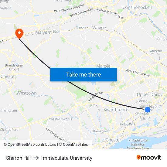 Sharon Hill to Immaculata University map