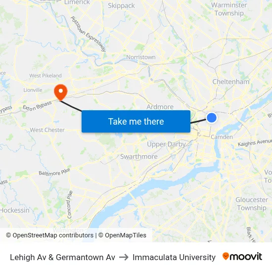 Lehigh Av & Germantown Av to Immaculata University map