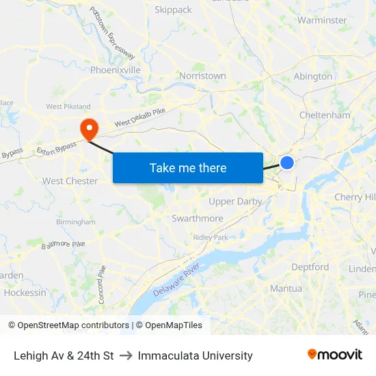Lehigh Av & 24th St to Immaculata University map