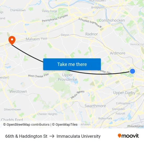 66th & Haddington St to Immaculata University map