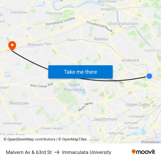 Malvern Av & 63rd St to Immaculata University map
