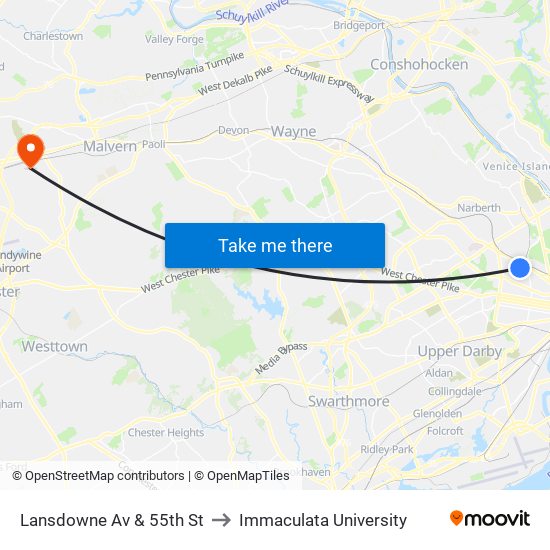 Lansdowne Av & 55th St to Immaculata University map