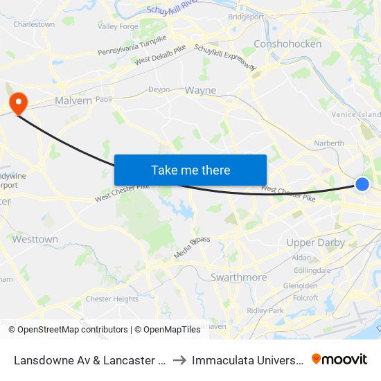 Lansdowne Av & Lancaster Av to Immaculata University map