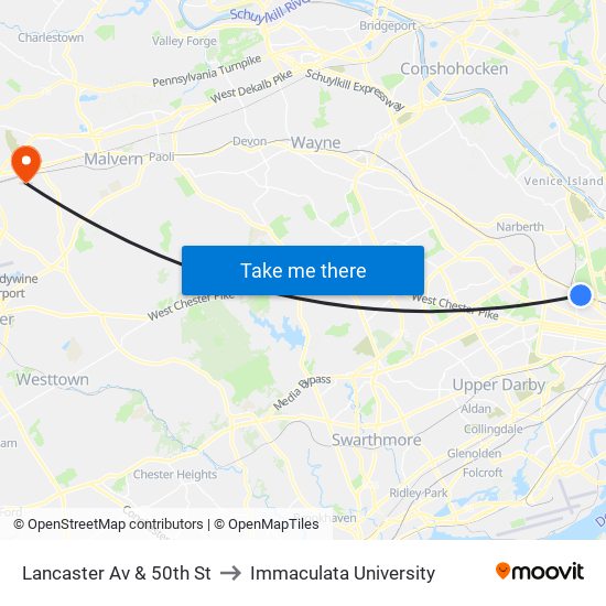 Lancaster Av & 50th St to Immaculata University map