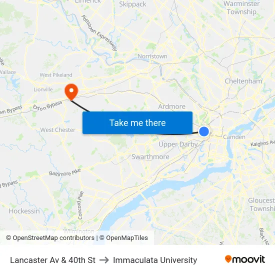 Lancaster Av & 40th St to Immaculata University map