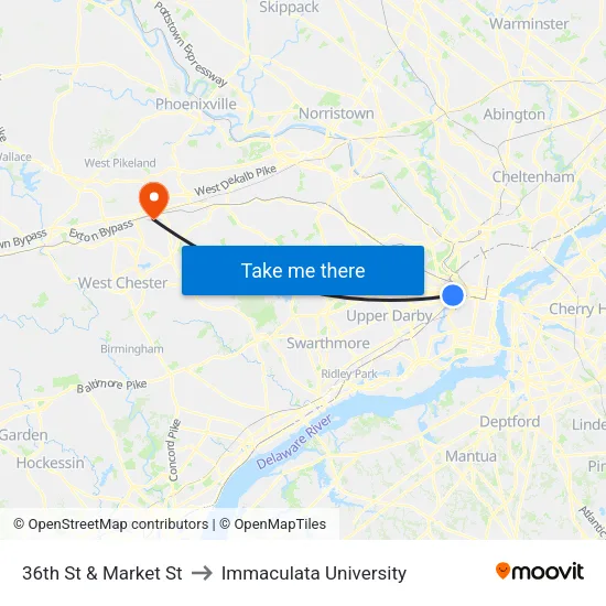 36th St & Market St to Immaculata University map