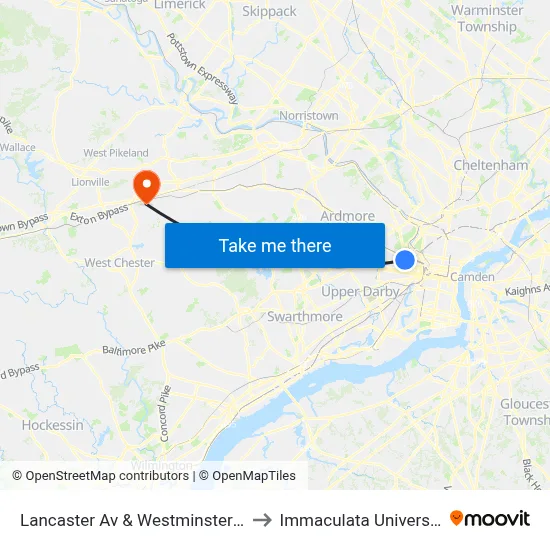 Lancaster Av & Westminster St to Immaculata University map