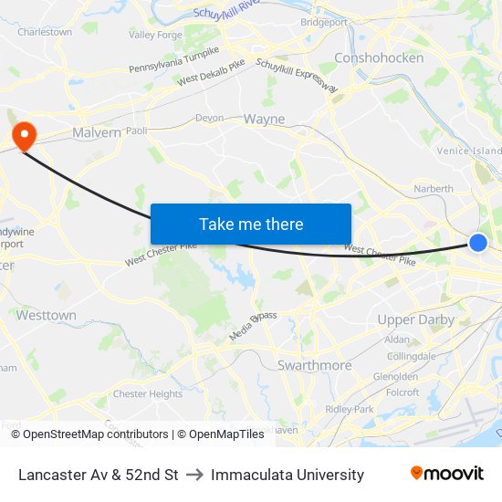 Lancaster Av & 52nd St to Immaculata University map