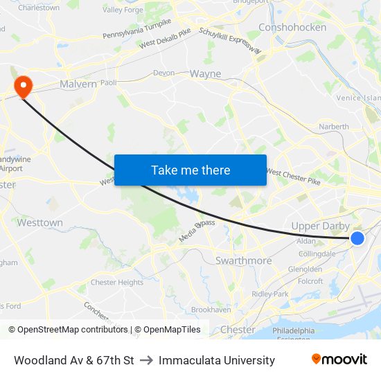 Woodland Av & 67th St to Immaculata University map