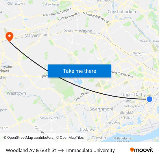 Woodland Av & 66th St to Immaculata University map