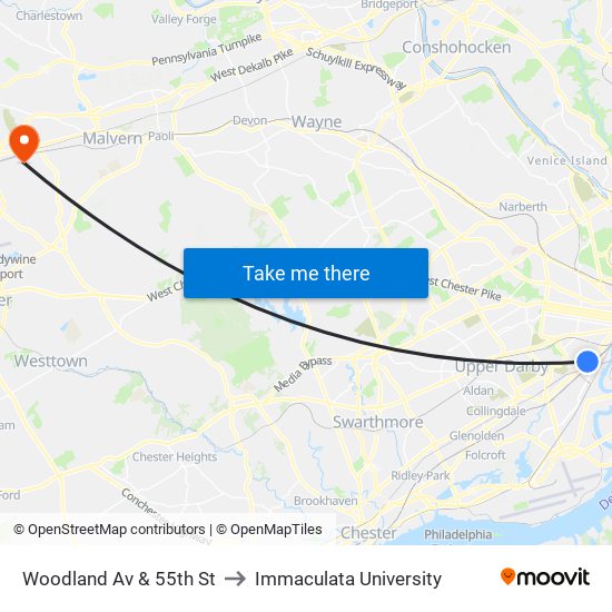 Woodland Av & 55th St to Immaculata University map