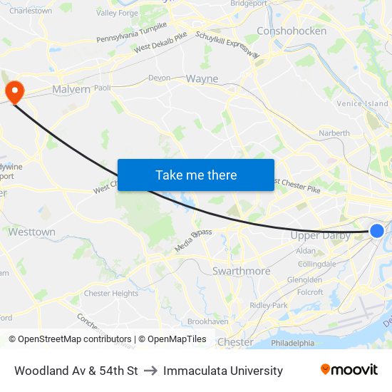 Woodland Av & 54th St to Immaculata University map