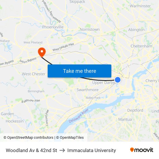 Woodland Av & 42nd St to Immaculata University map