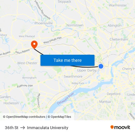 36th St to Immaculata University map