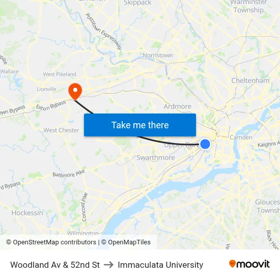 Woodland Av & 52nd St to Immaculata University map