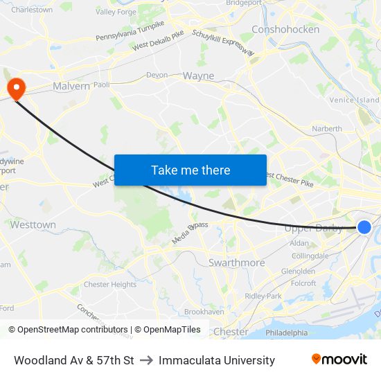 Woodland Av & 57th St to Immaculata University map
