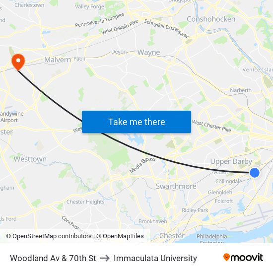 Woodland Av & 70th St to Immaculata University map