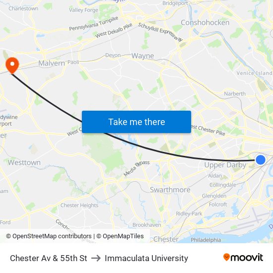 Chester Av & 55th St to Immaculata University map