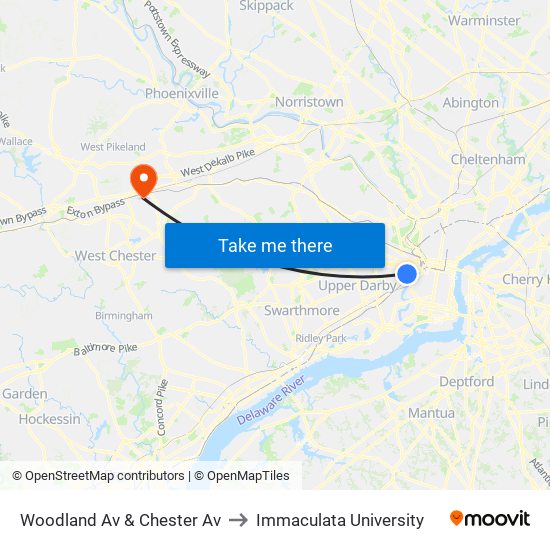 Woodland Av & Chester Av to Immaculata University map