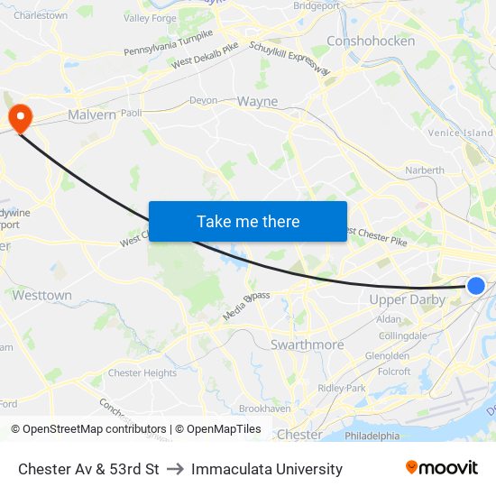 Chester Av & 53rd St to Immaculata University map