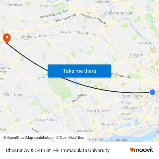 Chester Av & 54th St to Immaculata University map
