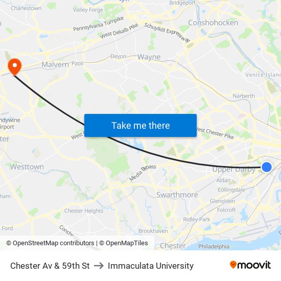 Chester Av & 59th St to Immaculata University map