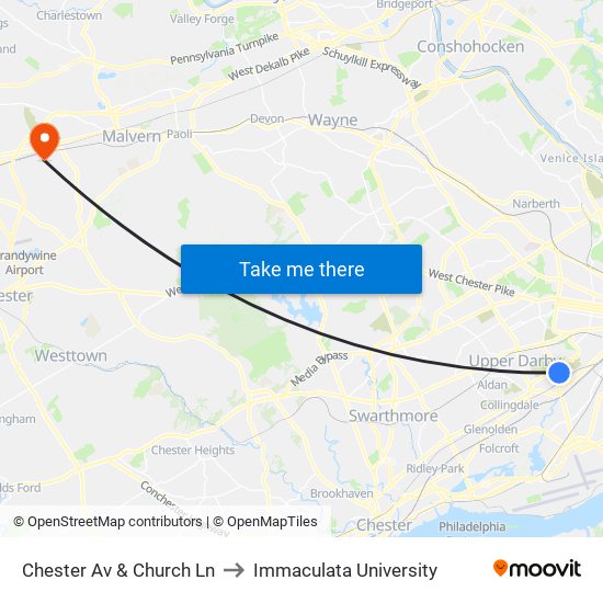 Chester Av & Church Ln to Immaculata University map