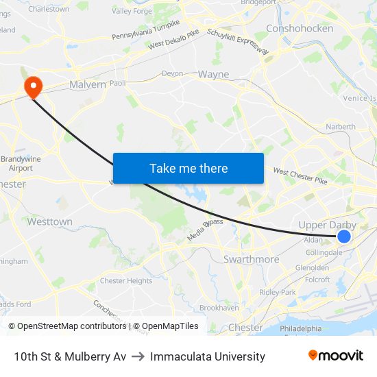 10th St & Mulberry Av to Immaculata University map