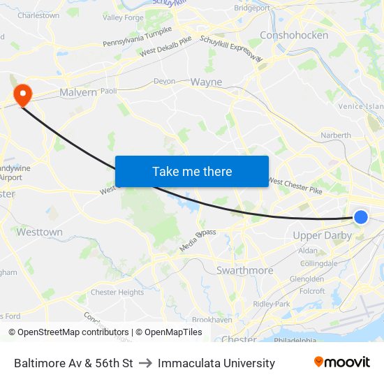 Baltimore Av & 56th St to Immaculata University map