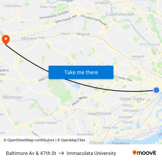 Baltimore Av & 47th St to Immaculata University map