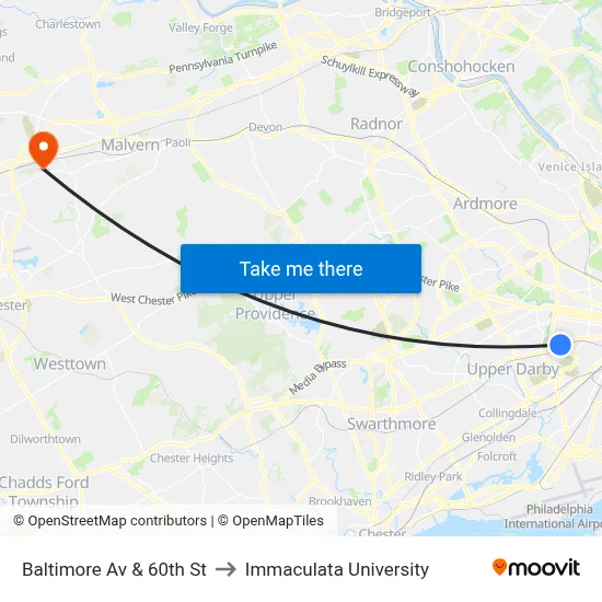Baltimore Av & 60th St to Immaculata University map